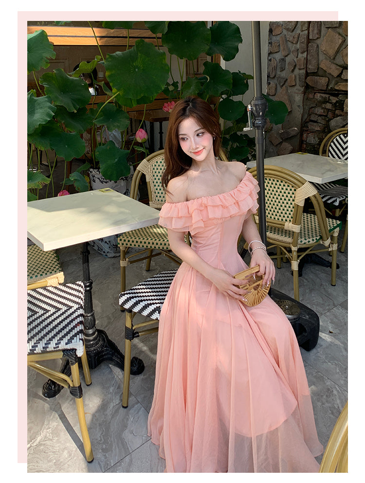 Chic Orange Pink Off-Shoulder A-Line Chiffon Party Dresses ED02724