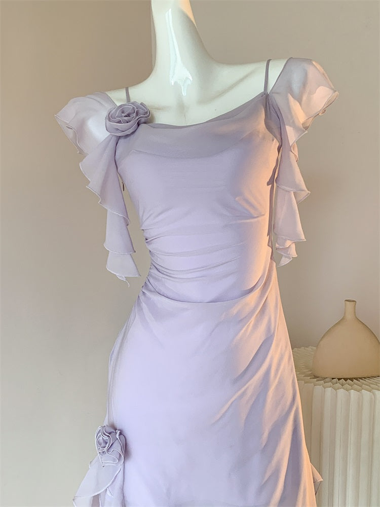 Elegant Light Purple Straps A-Line Chiffon Ruffle Party Dresses ED02725