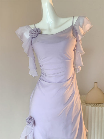 Elegant Light Purple Straps A-Line Chiffon Ruffle Party Dresses ED02725