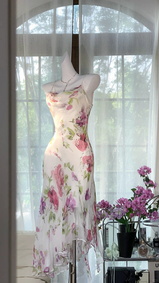 Elegant White Spaghetti Straps Sheath Printed Chiffon Vintage Short Prom Dresses ED02726