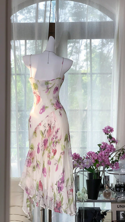 Elegant White Spaghetti Straps Sheath Printed Chiffon Vintage Short Prom Dresses ED02726