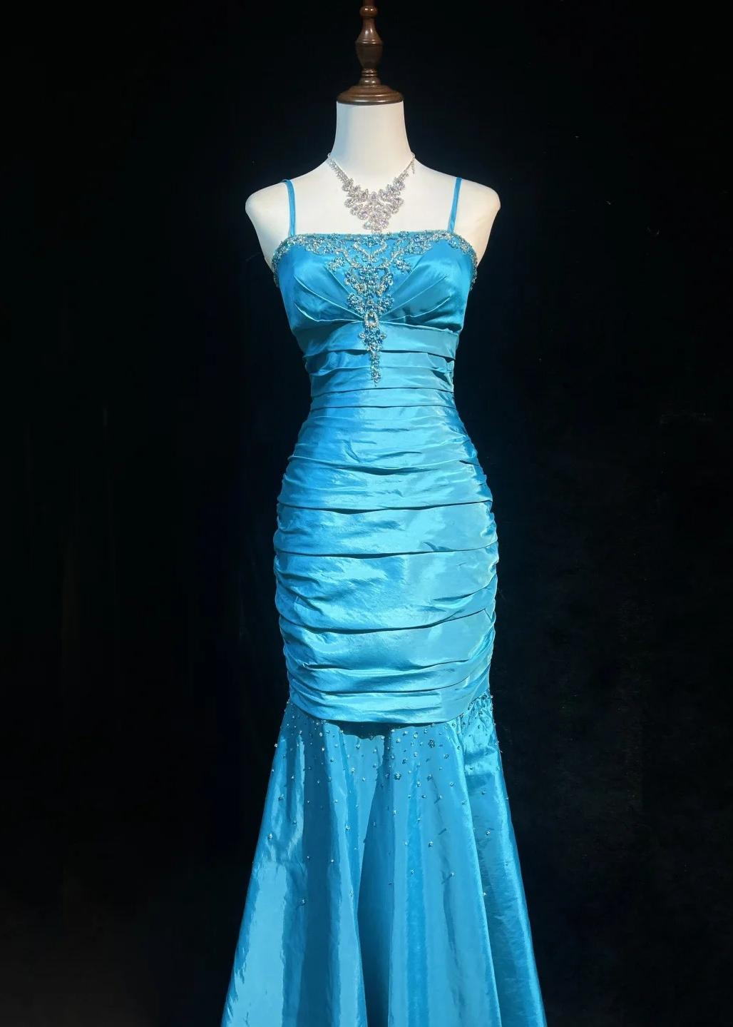 Gorgeous Blue Spaghetti Straps Mermaid Taffeta Long Prom Dresses Formal Evening Gowns with Beading ED02727