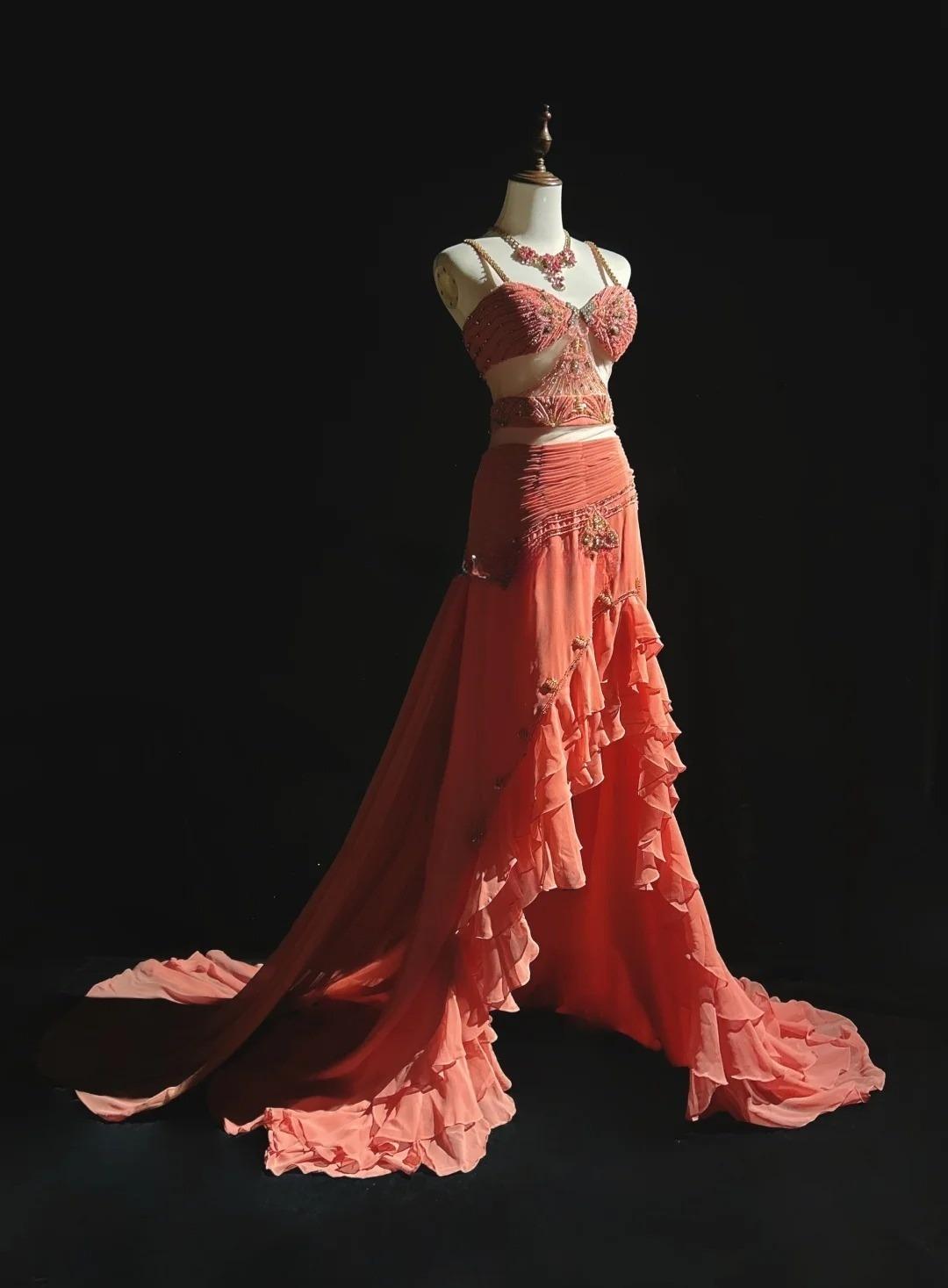 Stunning Peach Strap A-Line Chiffon Long Prom Dresses Vintage Evening Gowns with Beading ED02728