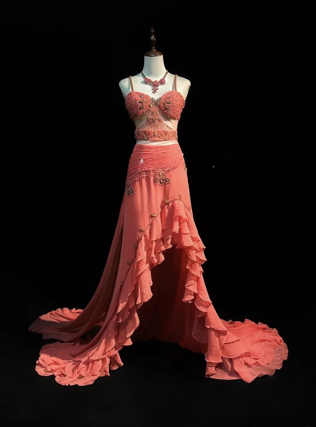 Stunning Peach Strap A-Line Chiffon Long Prom Dresses Vintage Evening Gowns with Beading ED02728