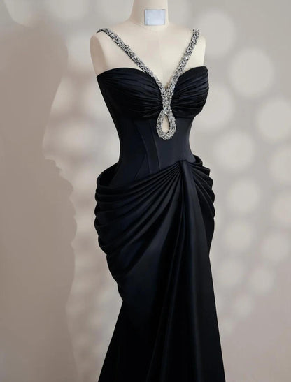 Elegant Black V-neck Mermaid Satin Long Prom Dresses Formal Evening Gowns ED02729