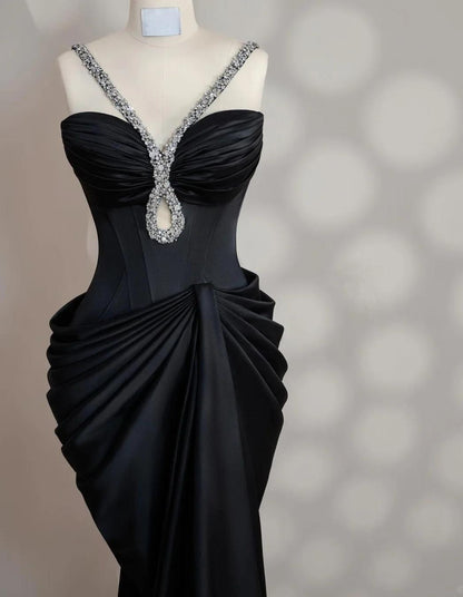 Elegant Black V-neck Mermaid Satin Long Prom Dresses Formal Evening Gowns ED02729