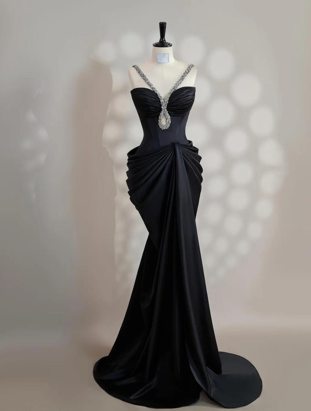 Elegant Black V-neck Mermaid Satin Long Prom Dresses Formal Evening Gowns ED02729