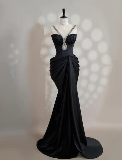 Elegant Black V-neck Mermaid Satin Long Prom Dresses Formal Evening Gowns ED02729