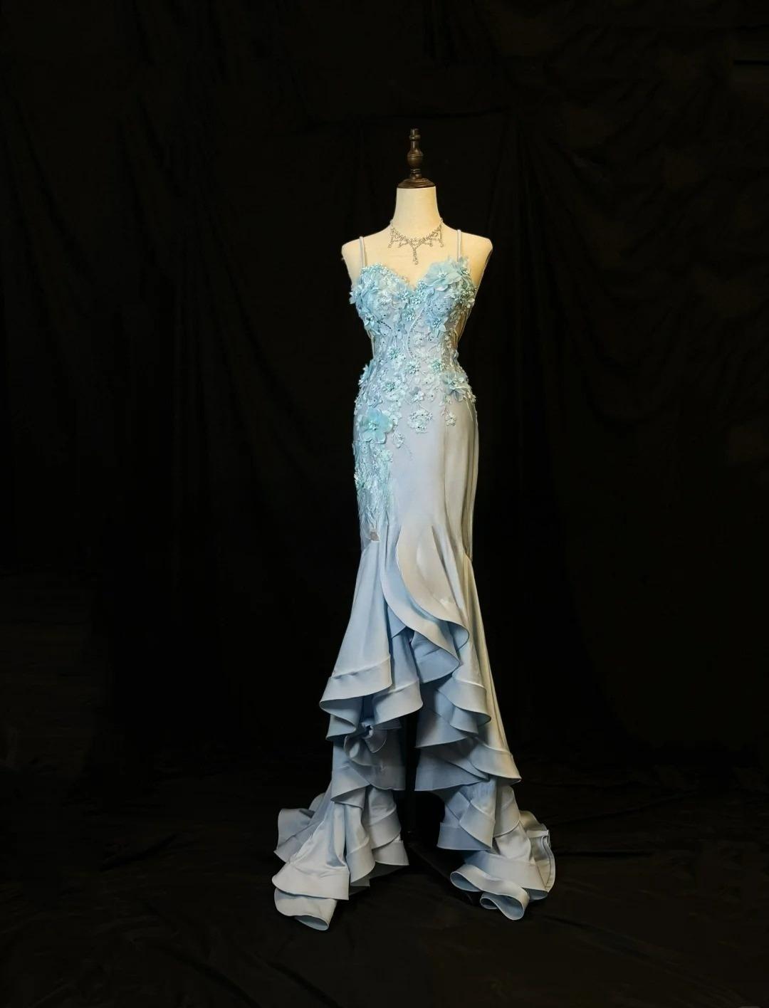 Gorgeous Blue Spaghetti Straps Mermaid Satin Long Prom Dresses Vintage Evening Gowns with Appliques ED02730