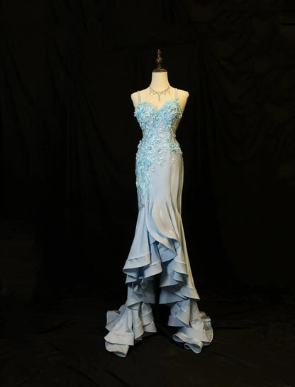 Gorgeous Blue Spaghetti Straps Mermaid Satin Long Prom Dresses Vintage Evening Gowns with Appliques ED02730