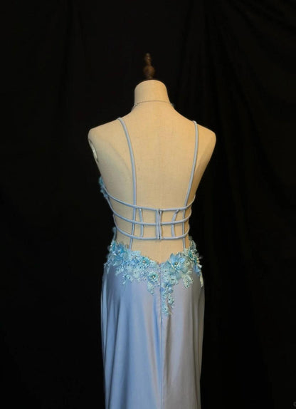 Gorgeous Blue Spaghetti Straps Mermaid Satin Long Prom Dresses Vintage Evening Gowns with Appliques ED02730