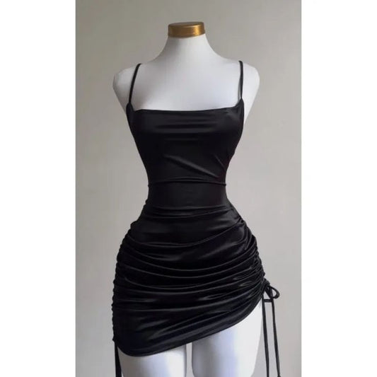 Sexy Black Spaghetti Straps Bodycon Satin Short Prom Dresses Homecoming Dresses with Open Back ED02734