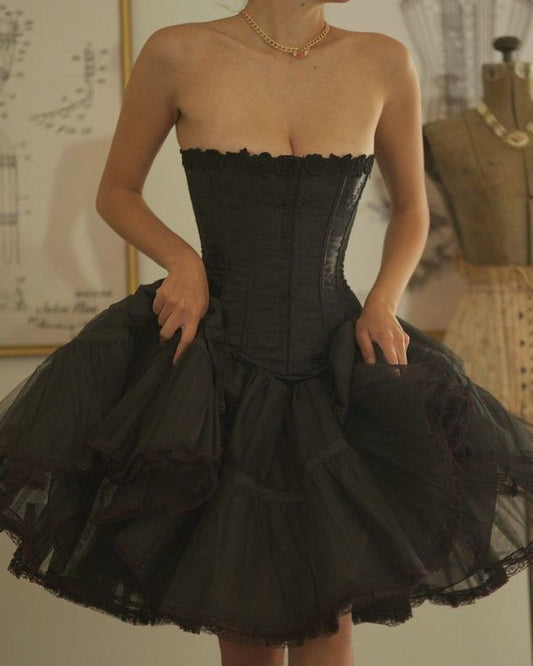 Elegant Black Strapless A-Line Satin Lace Short Prom Dresses Homecoming Dresses ED02735