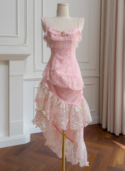 Sweet Pink Spaghetti Straps A-Line Satin Jacquard Lace Short Prom Dresses Homecoming Dresses with Beading ED02738