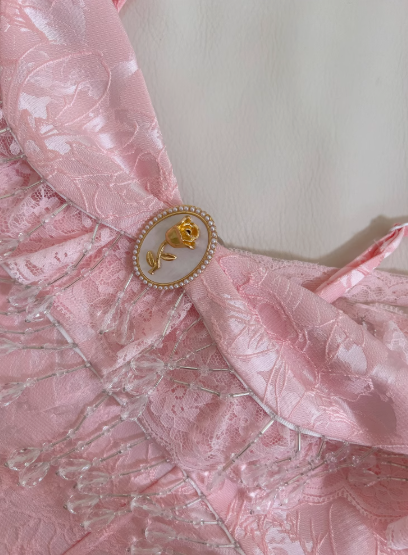 Sweet Pink Spaghetti Straps A-Line Satin Jacquard Lace Short Prom Dresses Homecoming Dresses with Beading ED02738