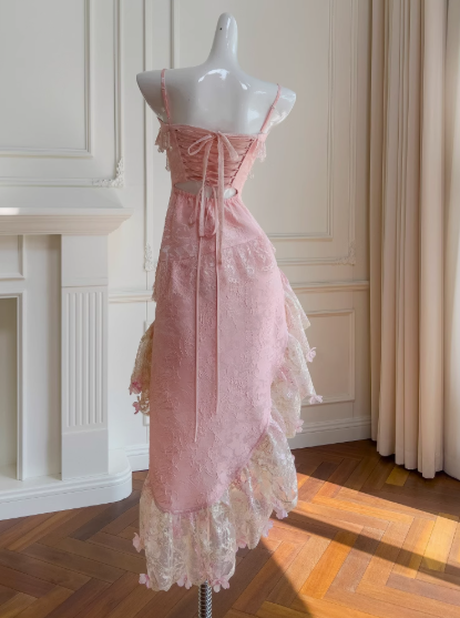 Sweet Pink Spaghetti Straps A-Line Satin Jacquard Lace Short Prom Dresses Homecoming Dresses with Beading ED02738