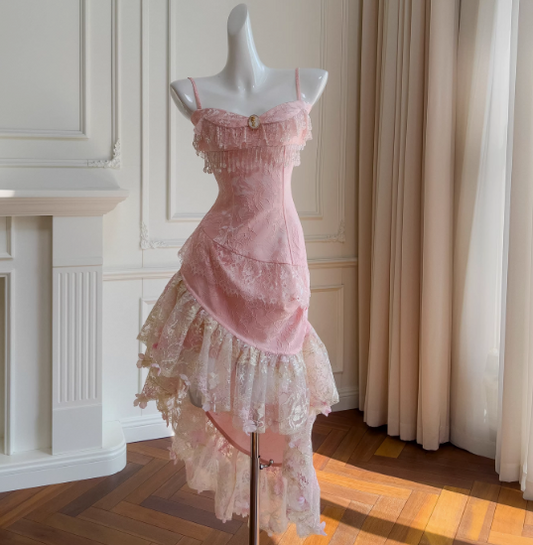 Sweet Pink Spaghetti Straps A-Line Satin Jacquard Lace Short Prom Dresses Homecoming Dresses with Beading ED02738