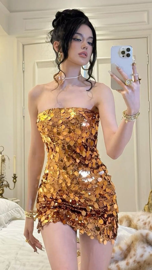 Gorgeous Gold Strapless Bodycon Sequin Short Party Dresses Homecoming Dresses ED02744