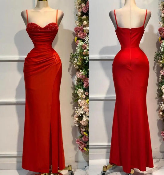 Elegant Red Spaghetti Straps Mermaid Satin Beaded Long Prom Dresses Formal Evening Gowns ED02746