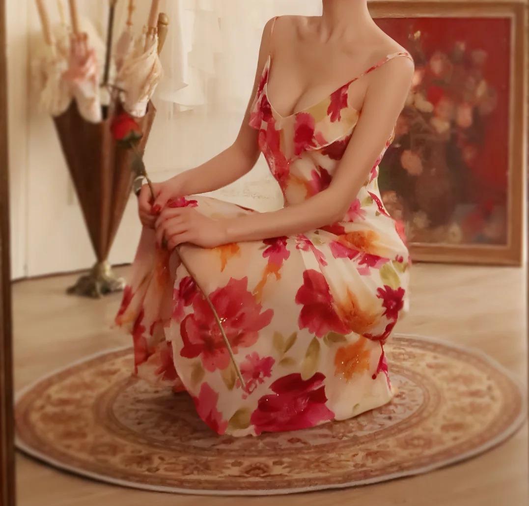 Stunning Spaghetti Straps Sheath Print Chiffon Prom Dresses Formal Evening Gowns ED02747