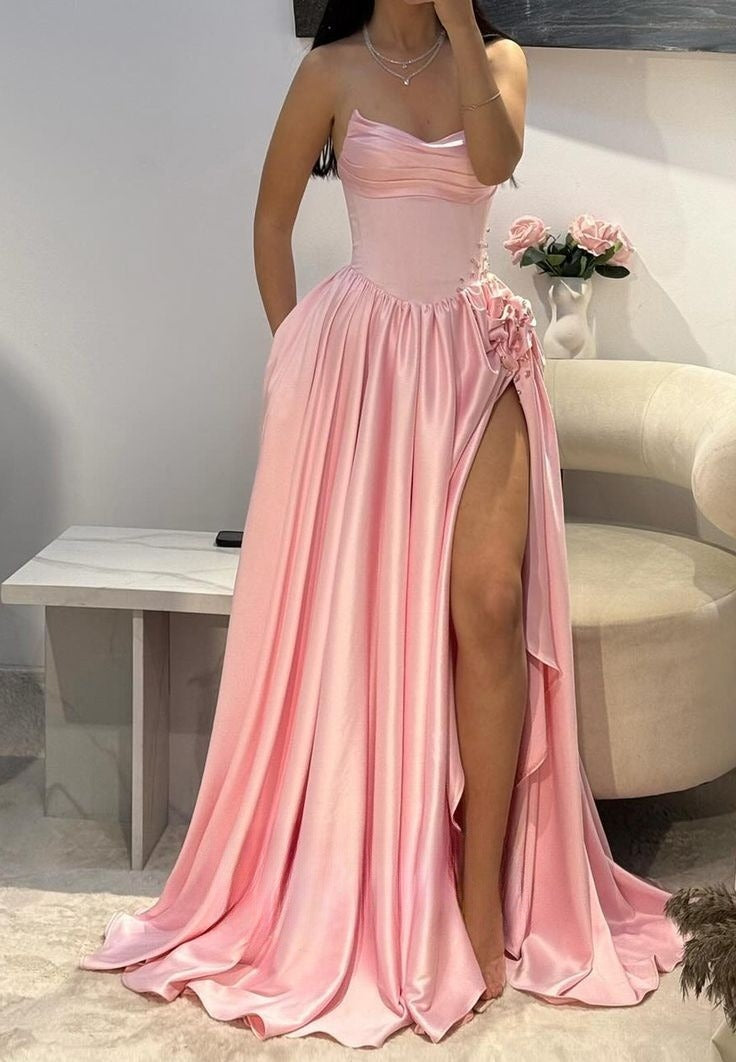 Sweet Strapless Pink A-Line Satin Long Prom Dresses Formal Evening Gowns with Slits ED02748