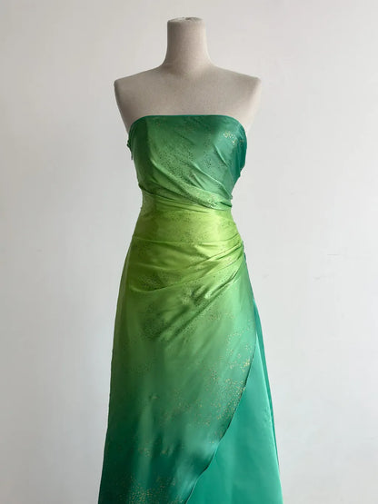Fairytale Gradient Green Strapless A-Line Satin Long Prom Dresses Vintage Formal Evening Gowns ED02750