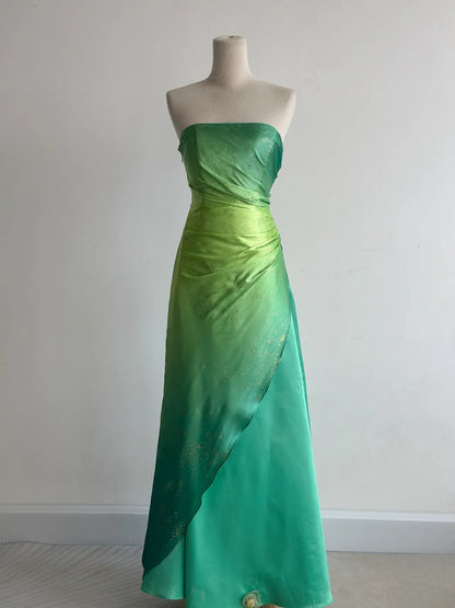 Fairytale Gradient Green Strapless A-Line Satin Long Prom Dresses Vintage Formal Evening Gowns ED02750