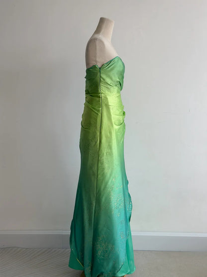 Fairytale Gradient Green Strapless A-Line Satin Long Prom Dresses Vintage Formal Evening Gowns ED02750