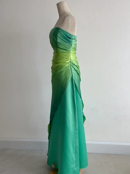 Fairytale Gradient Green Strapless A-Line Satin Long Prom Dresses Vintage Formal Evening Gowns ED02750