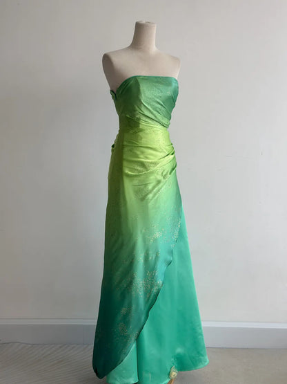 Fairytale Gradient Green Strapless A-Line Satin Long Prom Dresses Vintage Formal Evening Gowns ED02750