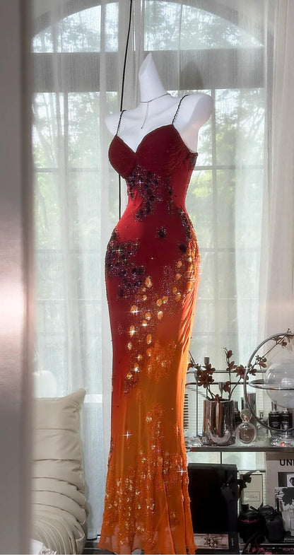 Stunning Ombre Spaghetti Straps Bodycon Chiffon Beading Long Prom Dresses Formal Evening Gowns ED02751