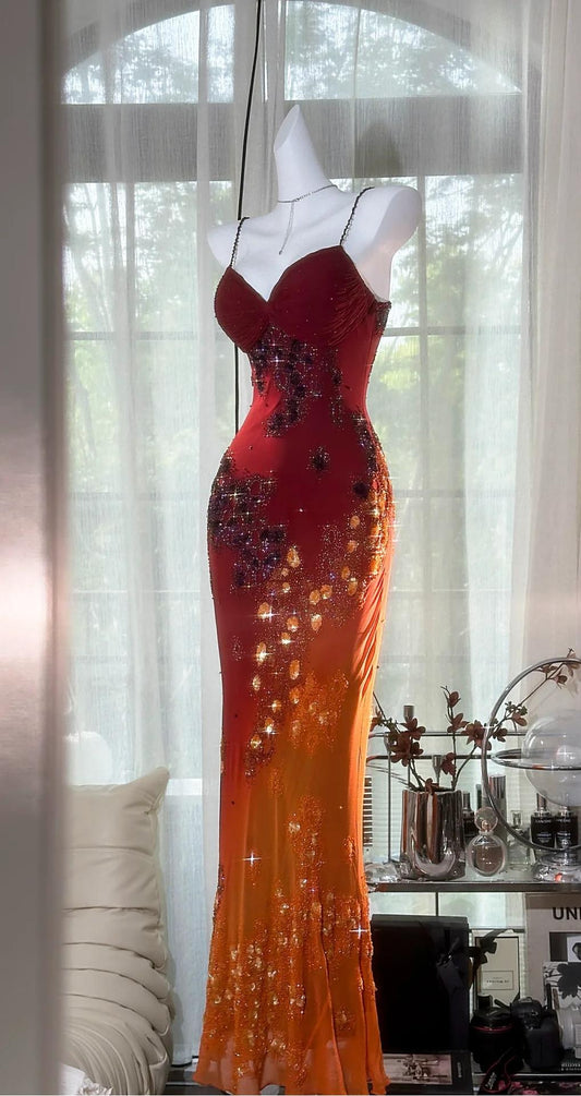 Stunning Ombre Spaghetti Straps Bodycon Chiffon Beading Long Prom Dresses Formal Evening Gowns ED02751