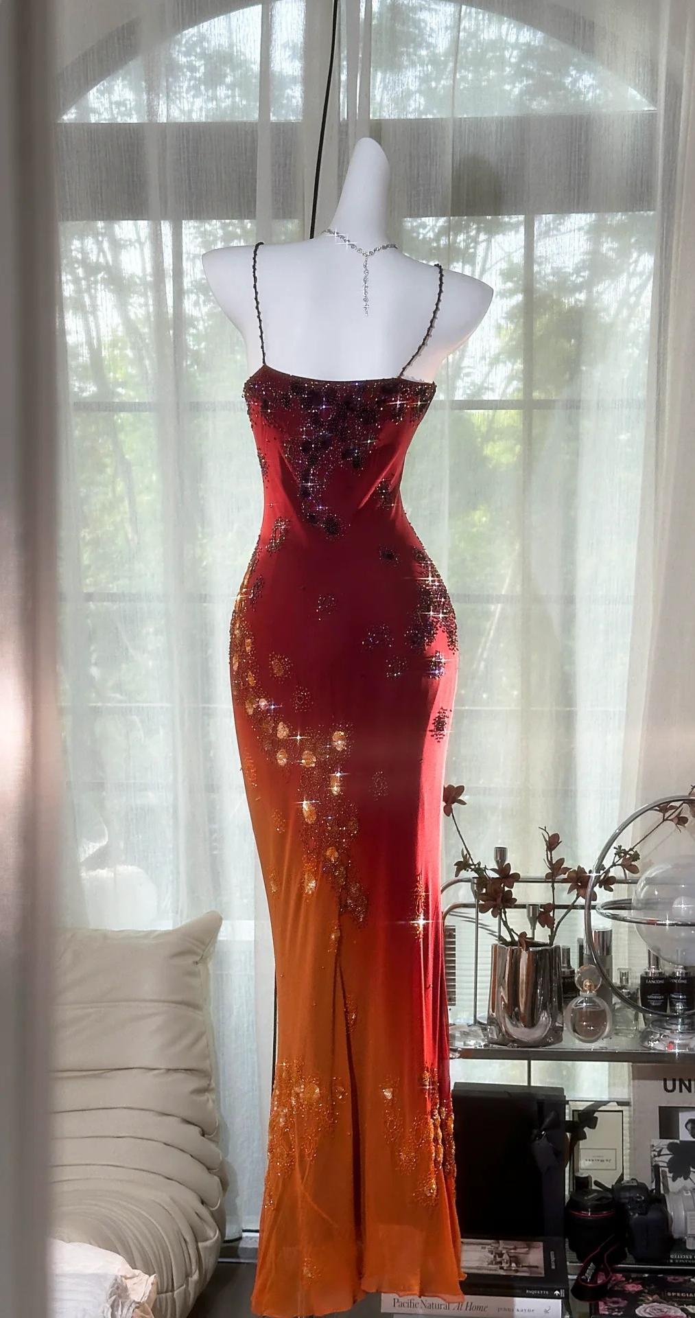 Stunning Ombre Spaghetti Straps Bodycon Chiffon Beading Long Prom Dresses Formal Evening Gowns ED02751