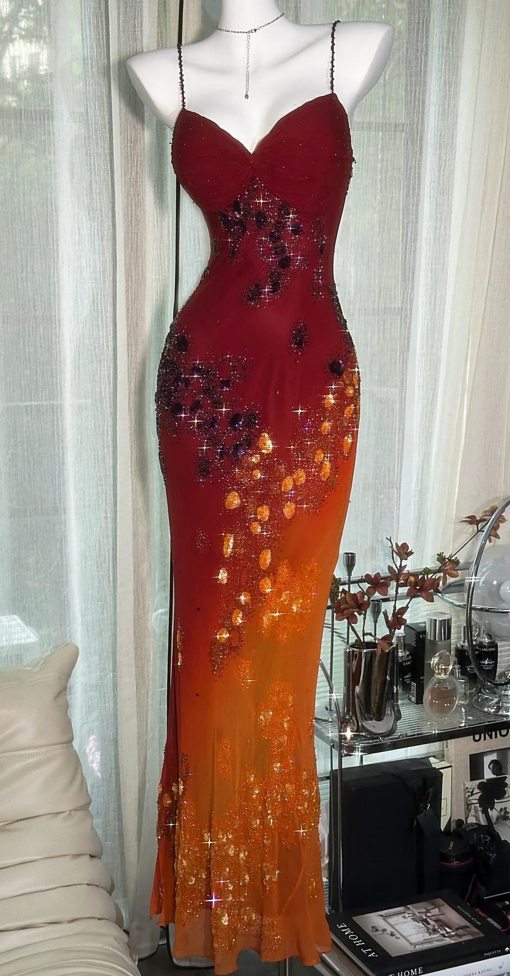 Stunning Ombre Spaghetti Straps Bodycon Chiffon Beading Long Prom Dresses Formal Evening Gowns ED02751