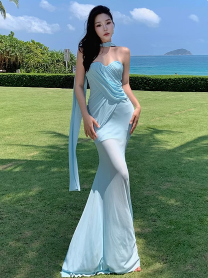 Stunning Blue Sweetheart Mermaid Chiffon Summer Dress ED02753