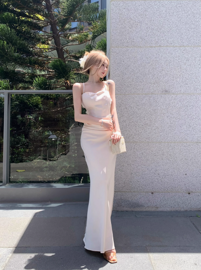 Elegant Apricot Spaghetti Straps Mermaid Satin Party Dress ED02754