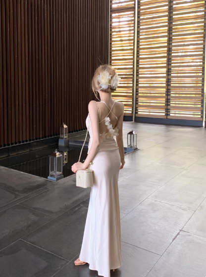 Elegant Apricot Spaghetti Straps Mermaid Satin Party Dress ED02754