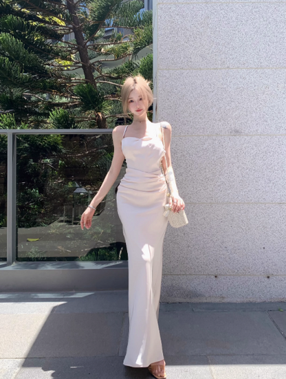 Elegant Apricot Spaghetti Straps Mermaid Satin Party Dress ED02754