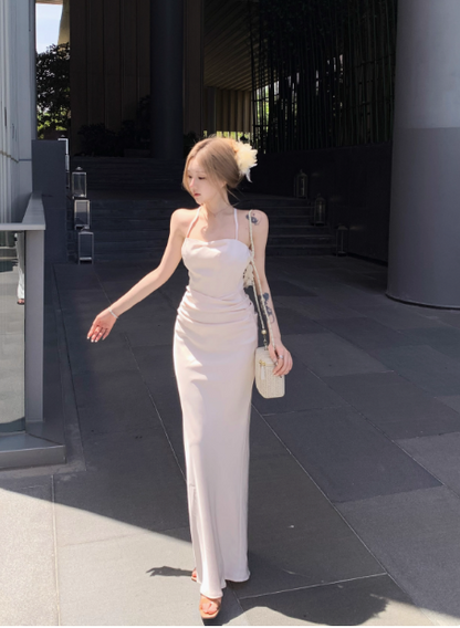 Elegant Apricot Spaghetti Straps Mermaid Satin Party Dress ED02754