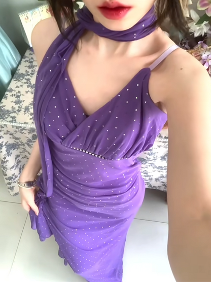 Vintage Purple Spaghetti Straps Sheath Chiffon Ruffle Party Dress Y2K Formal Evening Gowns ED02755