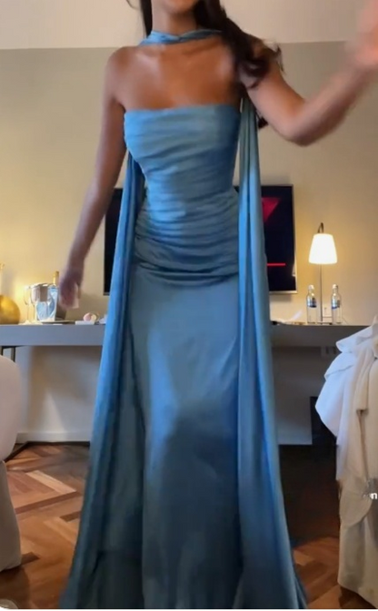 Elegant Blue Strapless Sheath Satin Long Prom Dresses Formal Evening Gowns ED02756
