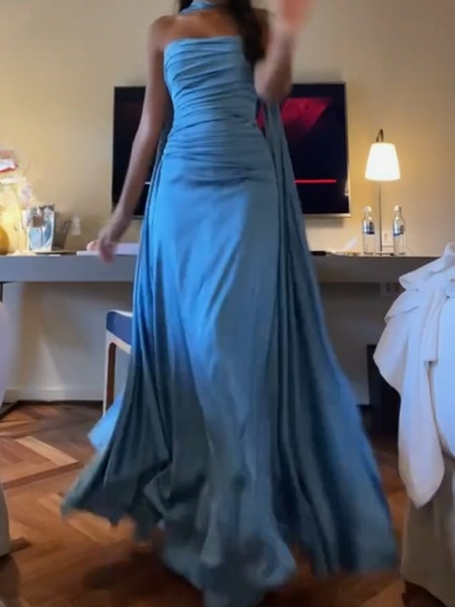 Elegant Blue Strapless Sheath Satin Long Prom Dresses Formal Evening Gowns ED02756