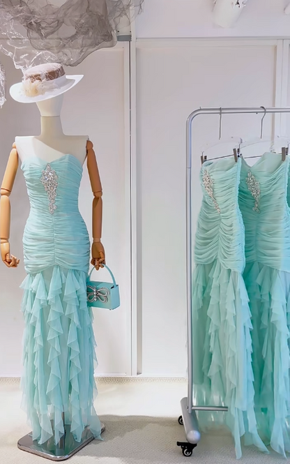 Sweet Tiffany Blue Strapless Bodycon Chiffon Long Prom Dresses Formal Evening Gowns ED02761