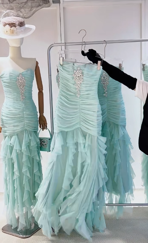 Sweet Tiffany Blue Strapless Bodycon Chiffon Long Prom Dresses Formal Evening Gowns ED02761