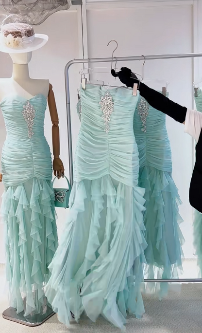 Sweet Tiffany Blue Strapless Bodycon Chiffon Long Prom Dresses Formal Evening Gowns ED02761