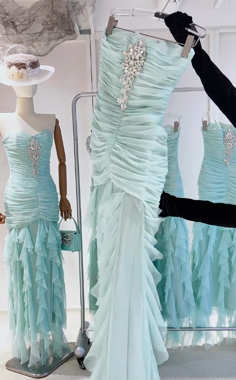 Sweet Tiffany Blue Strapless Bodycon Chiffon Long Prom Dresses Formal Evening Gowns ED02761