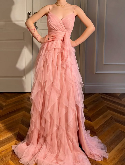 Sweet Peach Spaghetti Straps A-Line Layered Tulle Long Prom Dresses Formal Evening Gowns ED02762