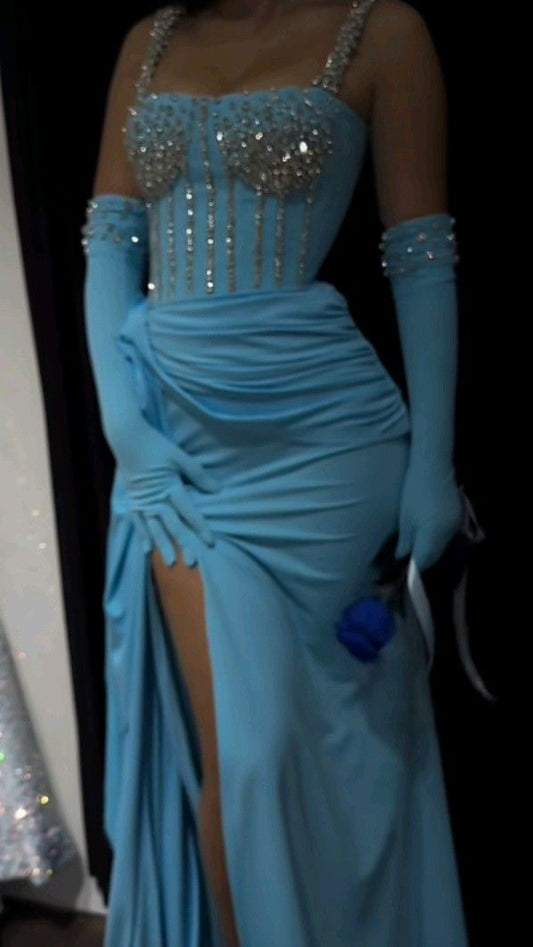 Elegant Blue Square Neck Bodycon Chiffon Long Prom Dresses Formal Evening Gowns with Rhinestones ED02763