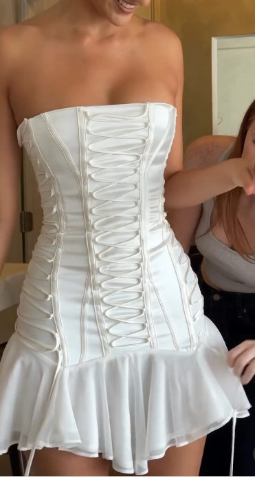 Simple White Strapless Bodycon Satin Chiffon Homecoming Dresses Short Prom Dresses ED02768