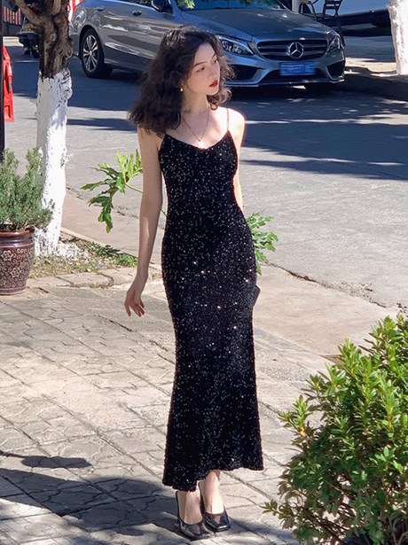 Velvet Sequined V-Neck Suspender Mermaid Maxi Dress ED0276